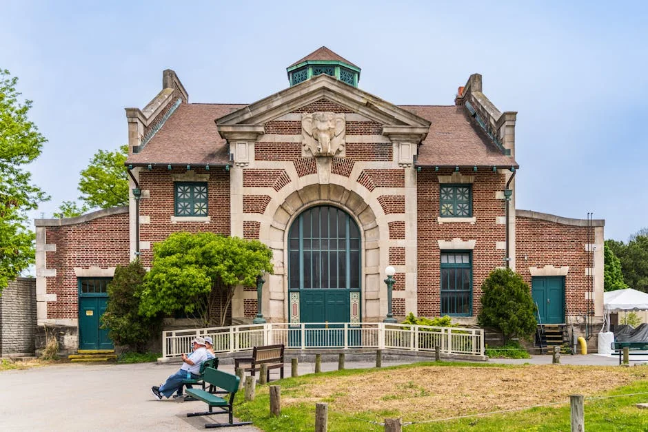 Front view of the historic Elephant House at the Buffalo Zoo, a landmark of unique architecture.