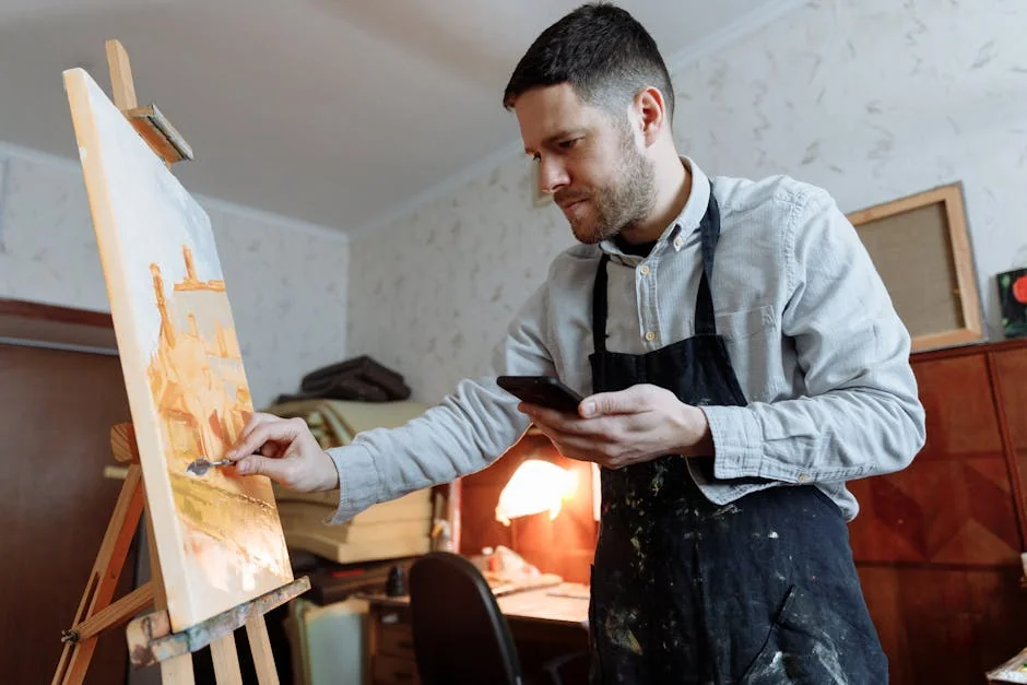 A male artist using a mobile phone while painting on a canvas with a palette knife in a studio.